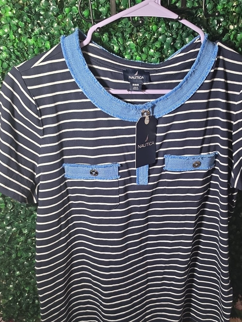 Nautica Navy & White Striped Short-Sleeve Tee with Light Blue Trim